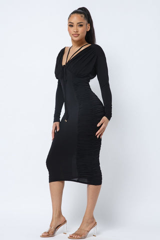 Long Sleeve Midi Dress With Low V Neck Front And Back With Ruching On Sides And Chest Look Up Deals