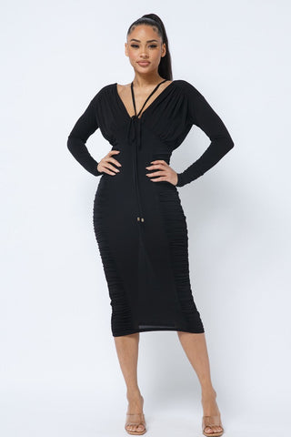 Long Sleeve Midi Dress With Low V Neck Front And Back With Ruching On Sides And Chest Look Up Deals