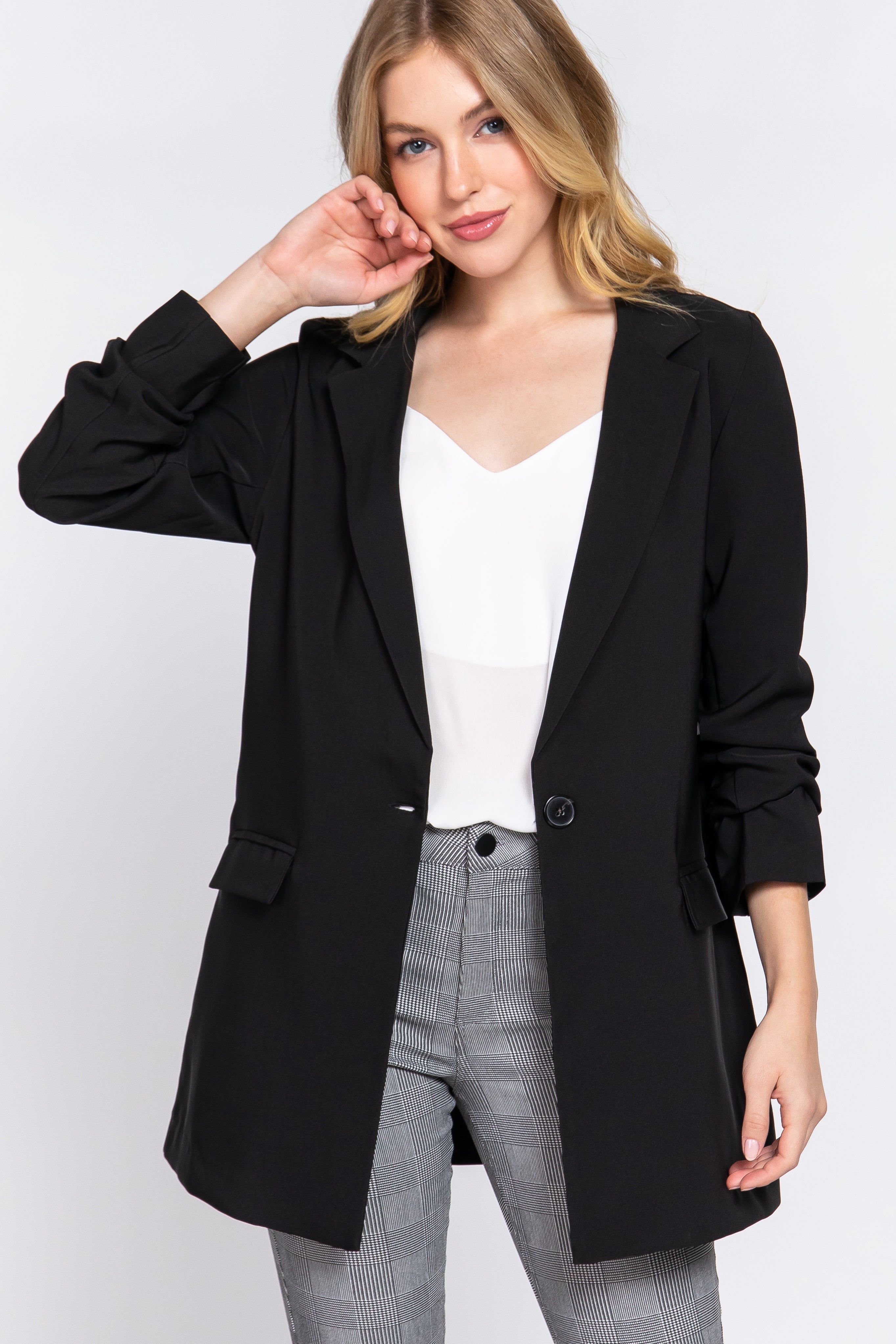 Long Sleeve Notched Single-breasted Tunic Blazer Look Up Deals