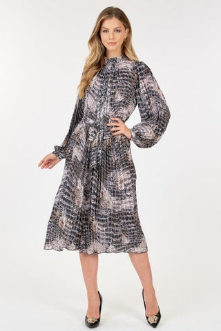 Long Sleeve Pleated Snake Skin Print Midi Dress Look Up Deals