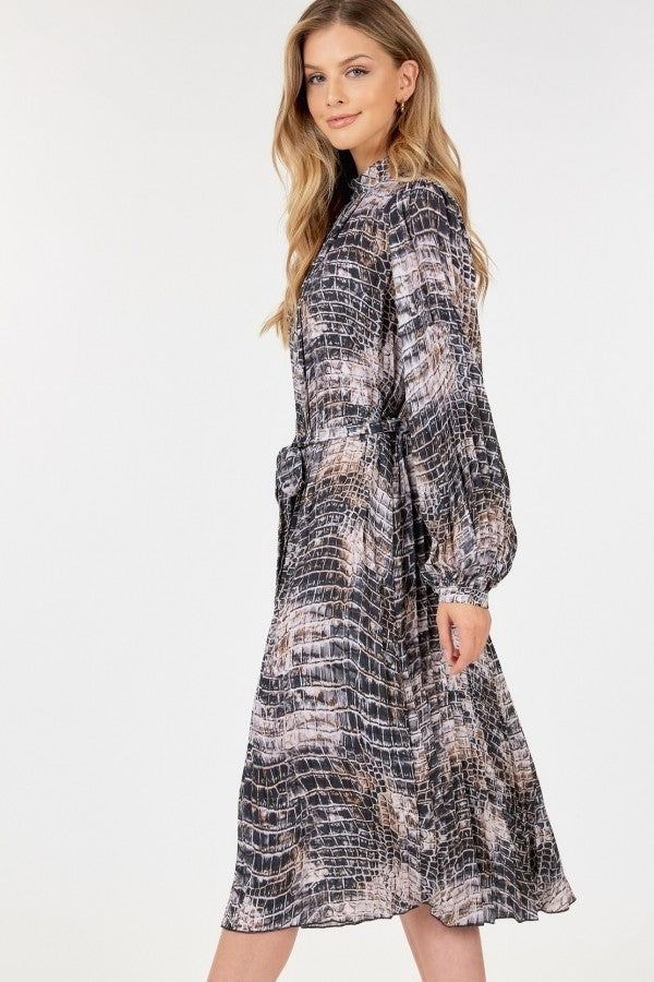 Long Sleeve Pleated Snake Skin Print Midi Dress Look Up Deals