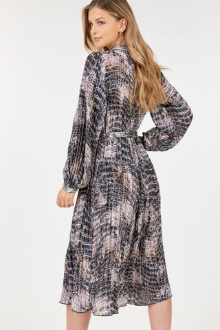 Long Sleeve Pleated Snake Skin Print Midi Dress Look Up Deals