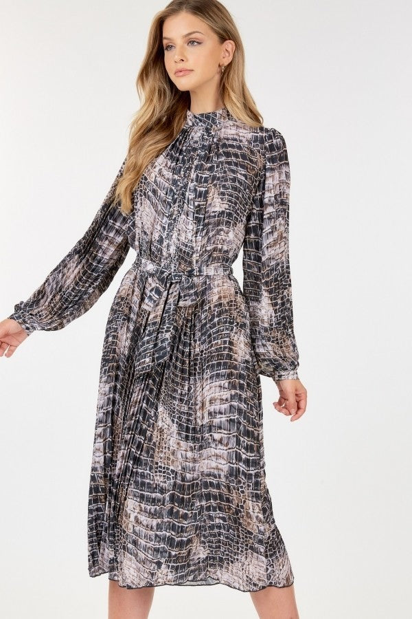 Long Sleeve Pleated Snake Skin Print Midi Dress Look Up Deals