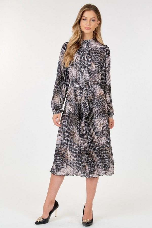 Long Sleeve Pleated Snake Skin Print Midi Dress Look Up Deals