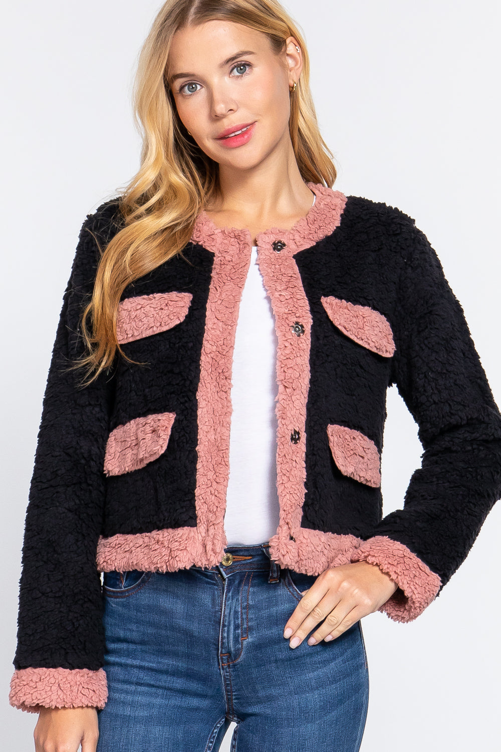 Long Sleeve Pocket Detail Faux Fur Jacket Look Up Deals