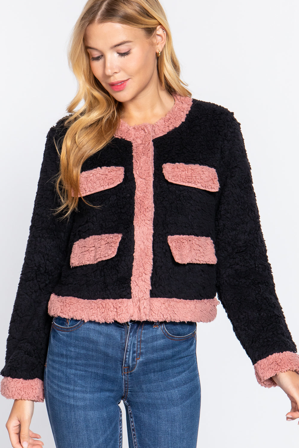 Long Sleeve Pocket Detail Faux Fur Jacket Look Up Deals