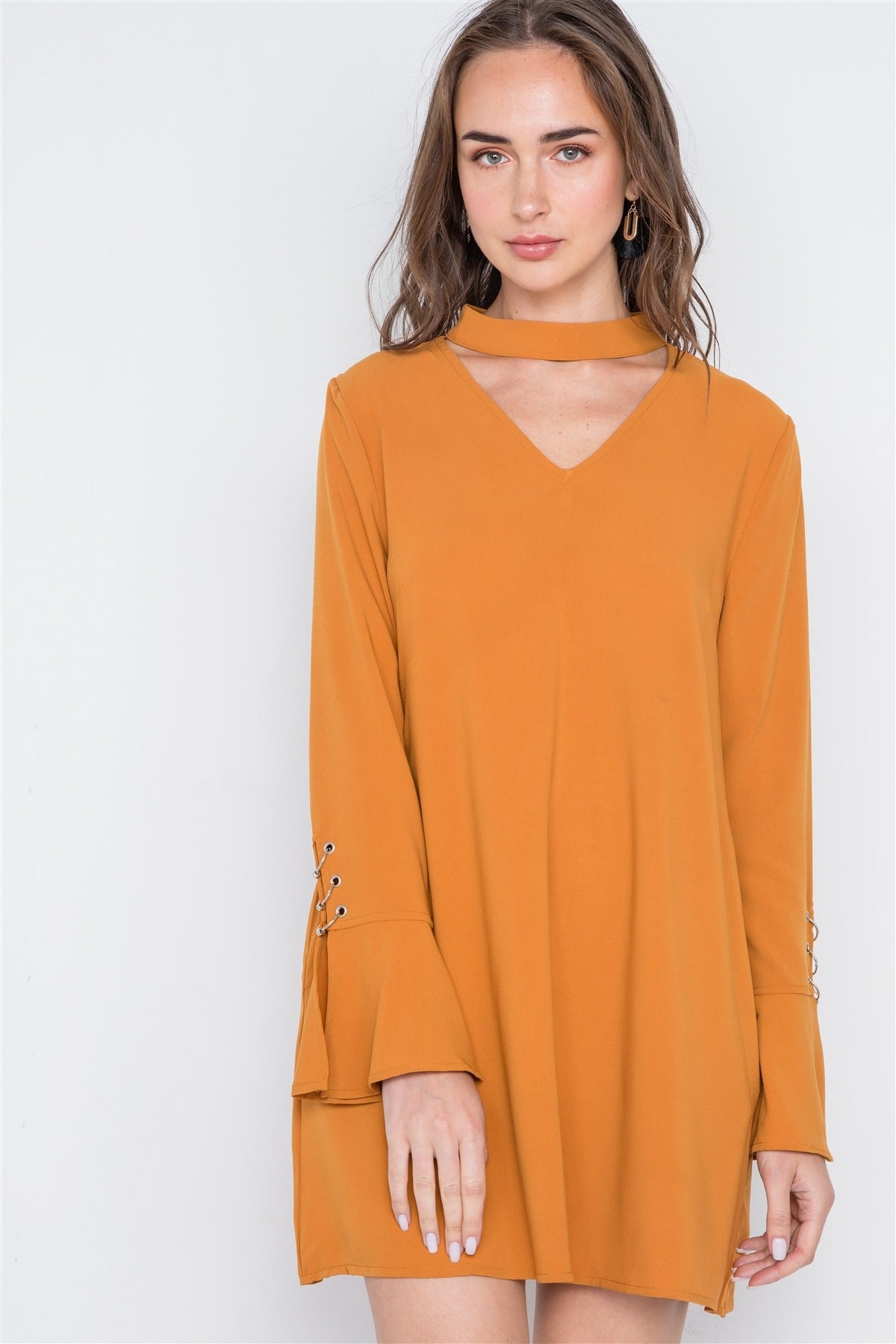 Long Sleeve V-cut Out Solid Mini Dress Look Up Deals