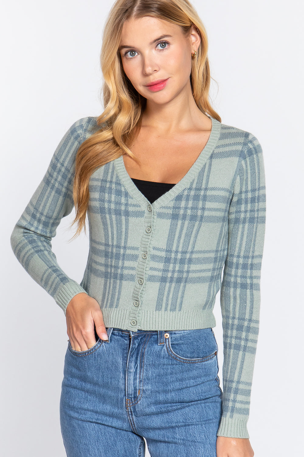 Long Sleeve V-neck Fitted Button Down Plaid Sweater Cardigan Look Up Deals