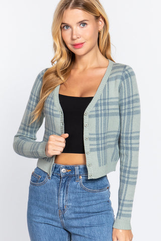 Long Sleeve V-neck Fitted Button Down Plaid Sweater Cardigan Look Up Deals