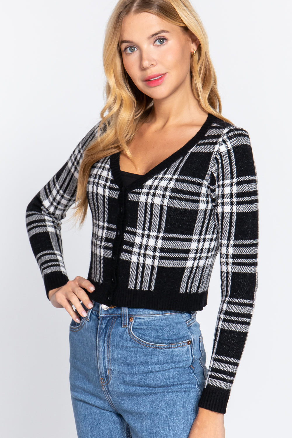 Long Sleeve V-neck Fitted Button Down Plaid Sweater Cardigan Look Up Deals