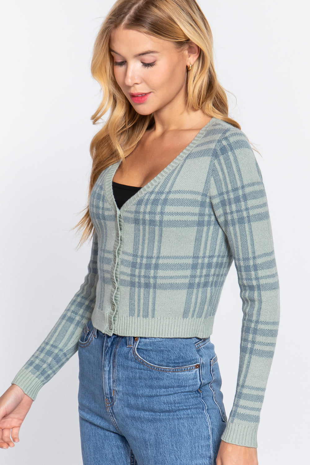 Long Sleeve V-neck Fitted Button Down Plaid Sweater Cardigan Look Up Deals