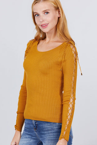 Long Sleeve W/strappy Detail Round Neck Rib Sweater Top Look Up Deals