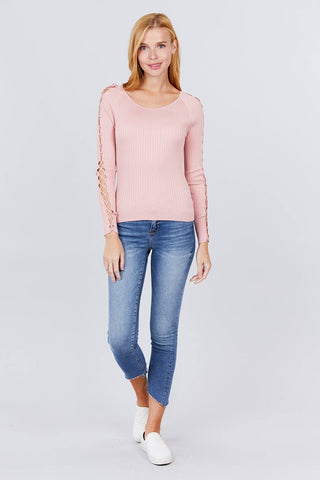 Long Sleeve W/strappy Detail Round Neck Rib Sweater Top Look Up Deals