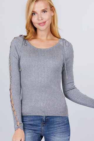 Long Sleeve W/strappy Detail Round Neck Rib Sweater Top Look Up Deals