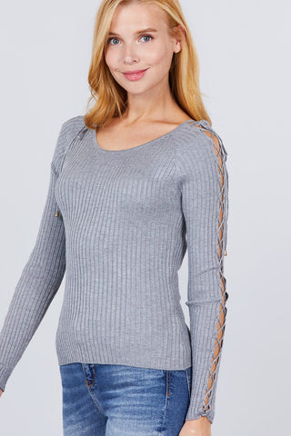 Long Sleeve W/strappy Detail Round Neck Rib Sweater Top Look Up Deals