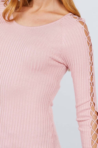 Long Sleeve W/strappy Detail Round Neck Rib Sweater Top Look Up Deals