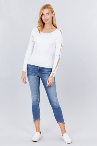 Long Sleeve W/strappy Detail Round Neck Rib Sweater Top Look Up Deals