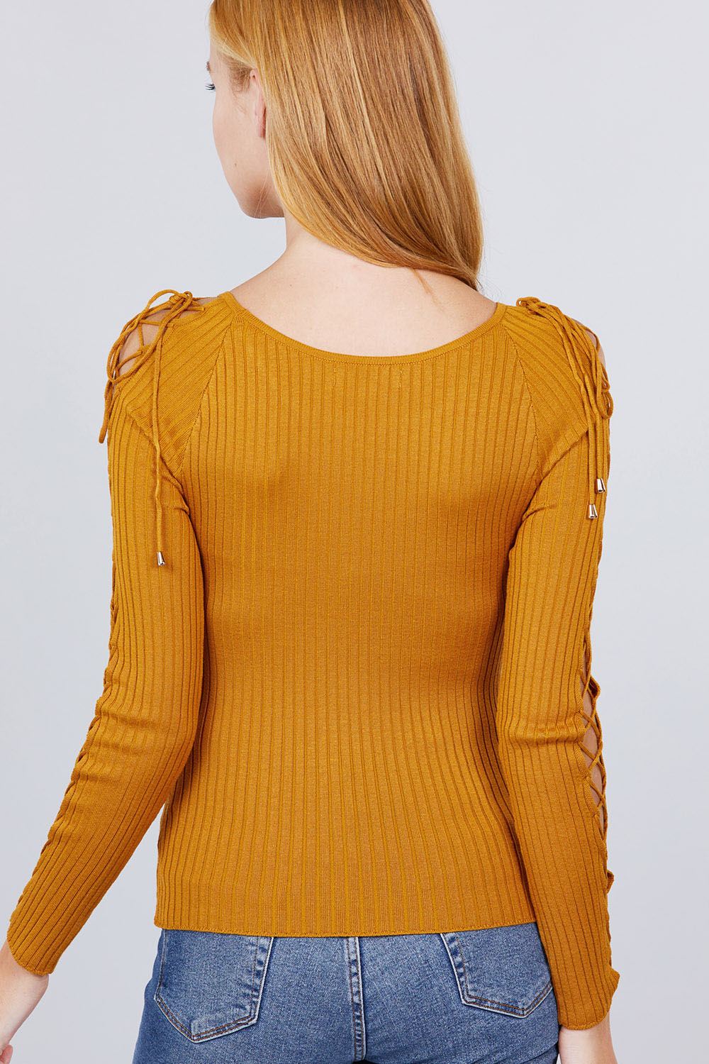 Long Sleeve W/strappy Detail Round Neck Rib Sweater Top Look Up Deals