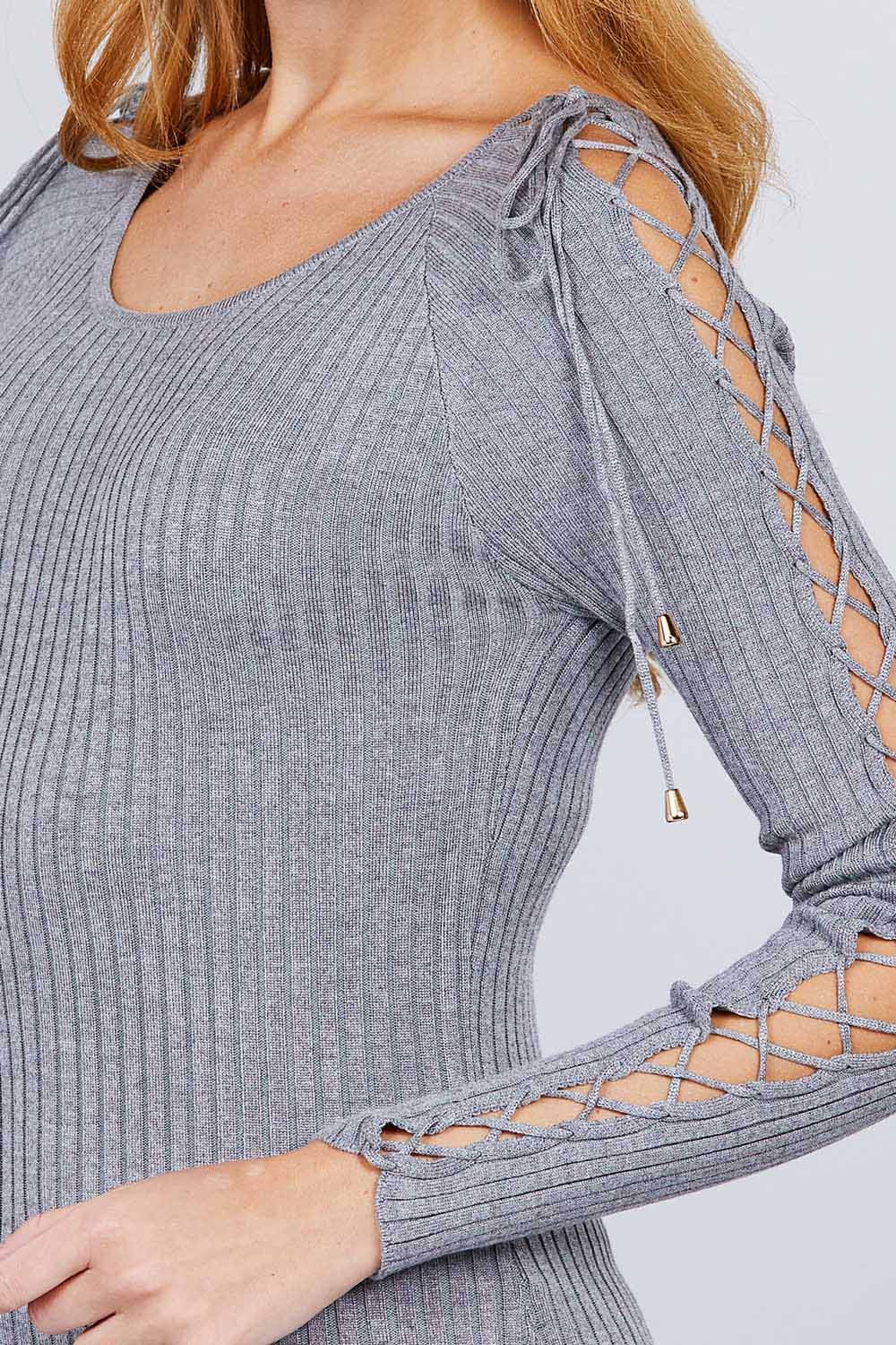 Long Sleeve W/strappy Detail Round Neck Rib Sweater Top Look Up Deals