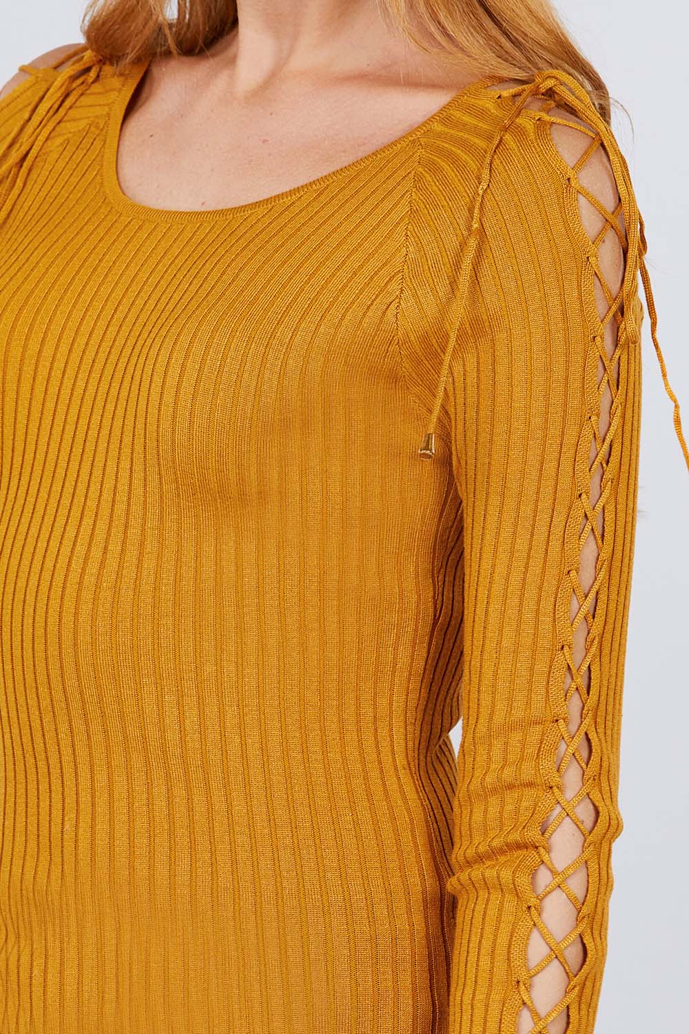 Long Sleeve W/strappy Detail Round Neck Rib Sweater Top Look Up Deals