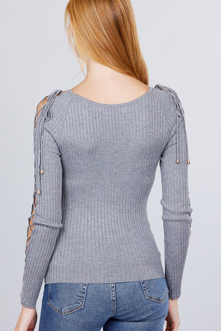 Long Sleeve W/strappy Detail Round Neck Rib Sweater Top Look Up Deals