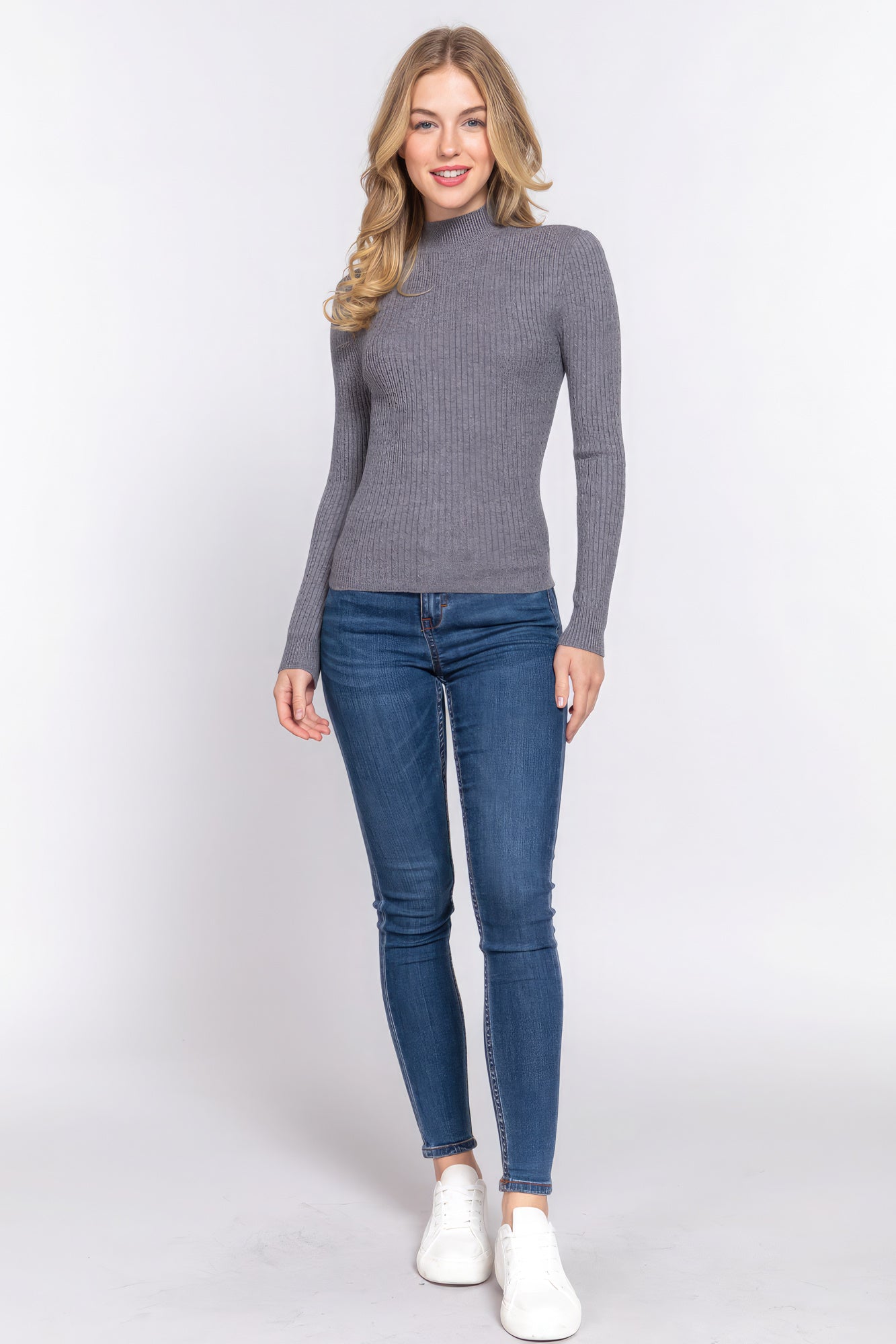 Long Slv Mock Neck Rib Sweater Look Up Deals