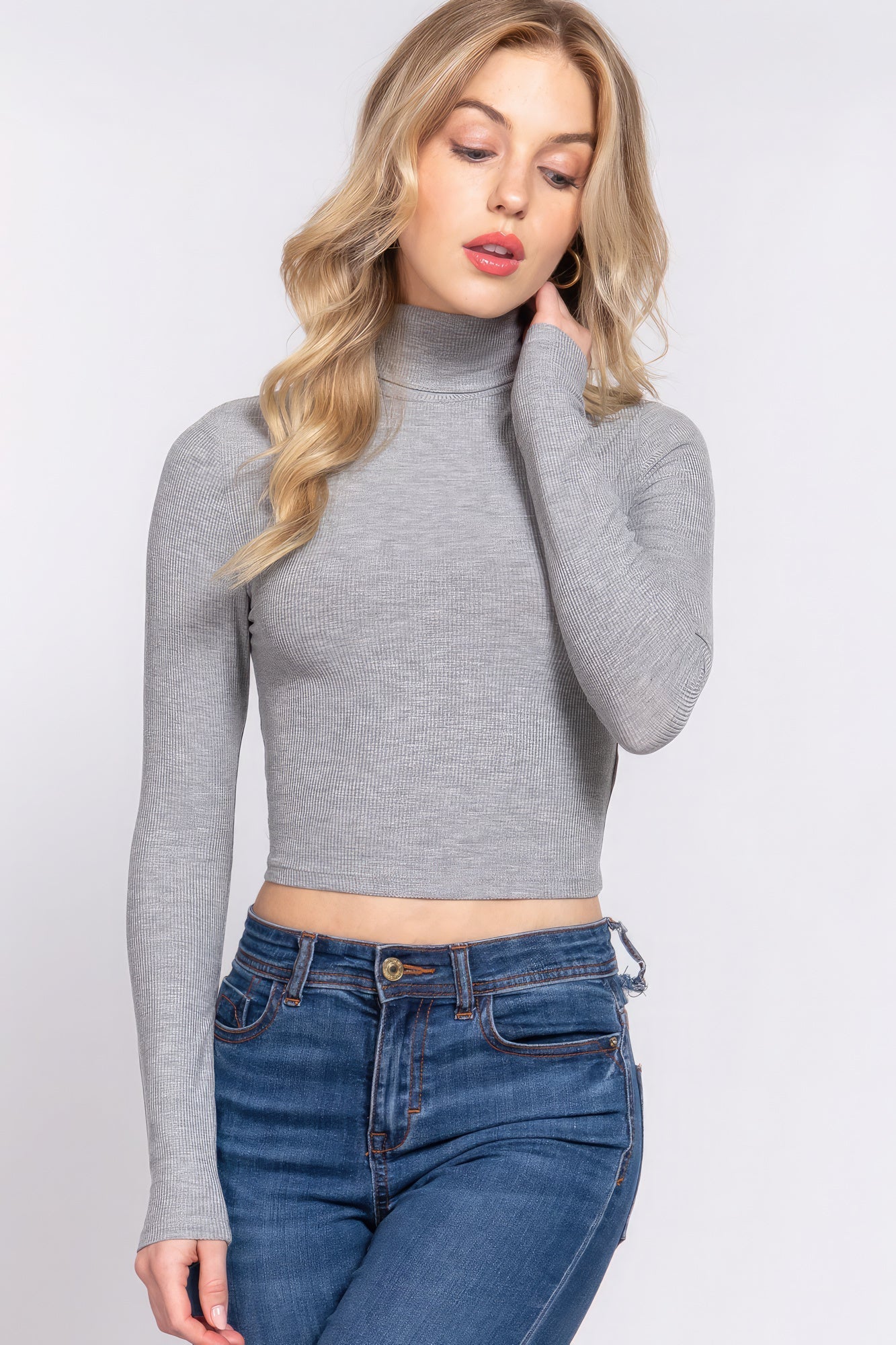 Long Slv Turtle Neck Rib Crop Knit Top Look Up Deals