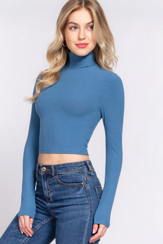 Long Slv Turtle Neck Rib Crop Knit Top Look Up Deals