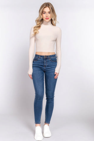 Long Slv Turtle Neck Rib Crop Knit Top Look Up Deals