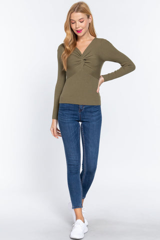 Long Slv V-neck Knotted Sweater Look Up Deals