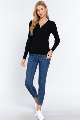 Long Slv V-neck Knotted Sweater Look Up Deals