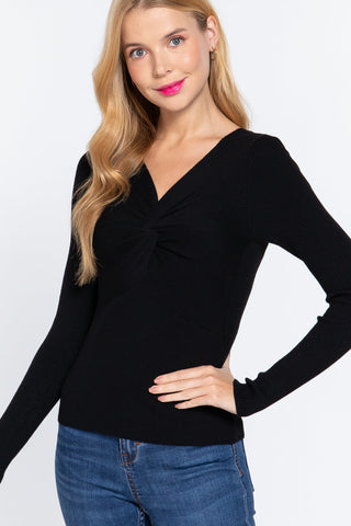 Long Slv V-neck Knotted Sweater Look Up Deals