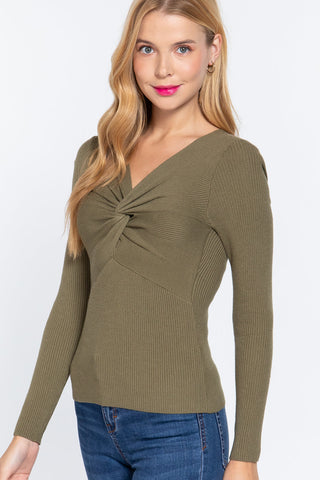 Long Slv V-neck Knotted Sweater Look Up Deals