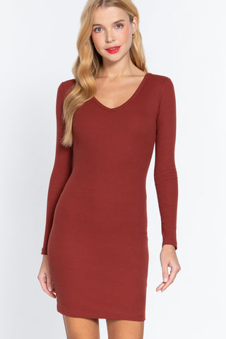 Long Slv V-neck Mini Rib Dress Look Up Deals