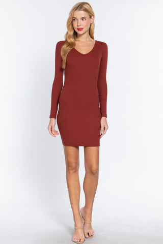 Long Slv V-neck Mini Rib Dress Look Up Deals