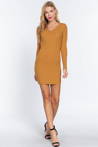 Long Slv V-neck Sweater Mini Dress Look Up Deals