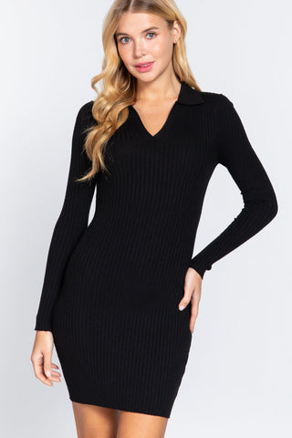 Long Slv V-neck Sweater Rib Mini Dress Look Up Deals