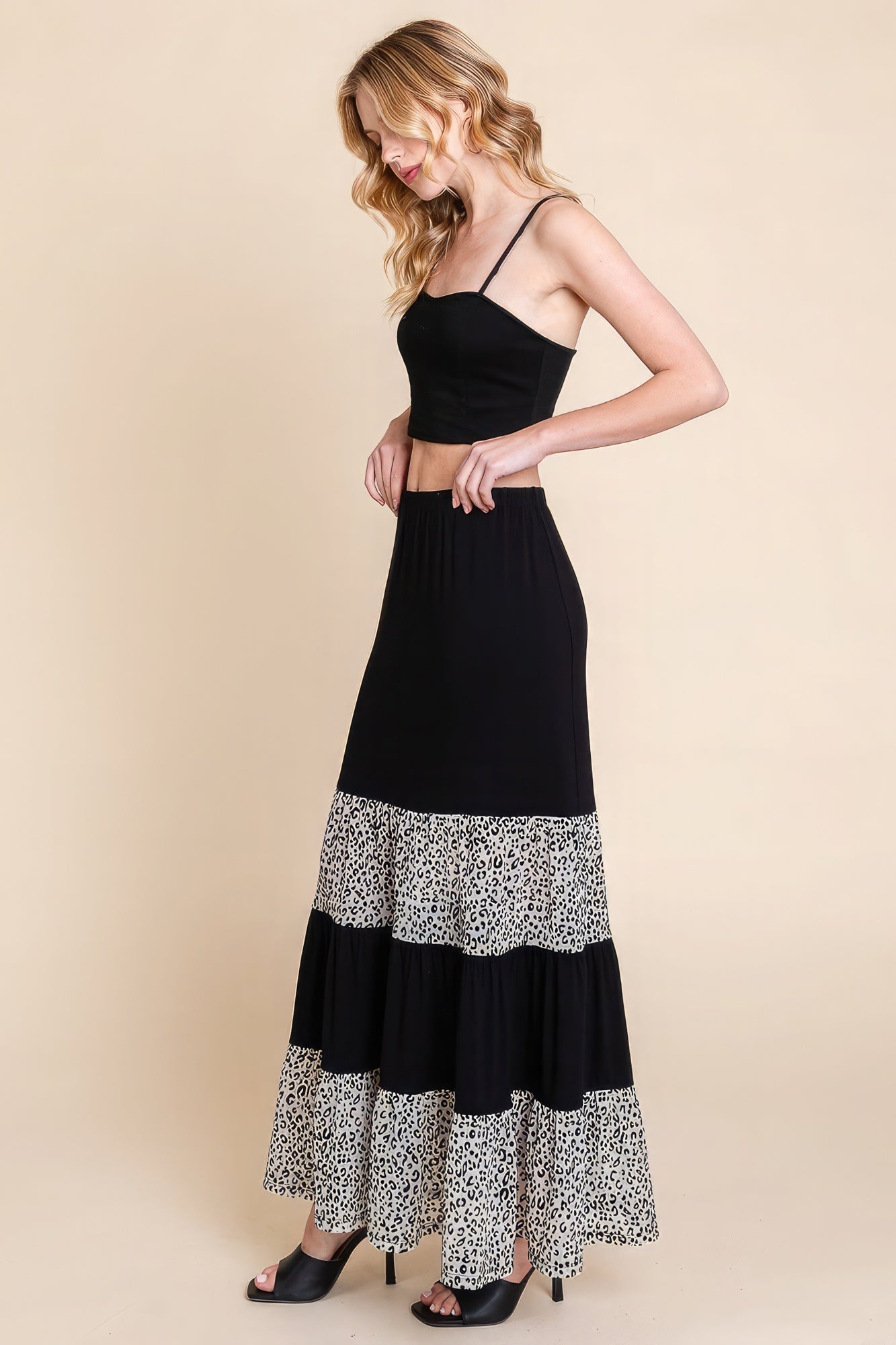 Long Tiered Contrast Fashion Skirt With Velvet Animal Print Mesh Look Up Deals