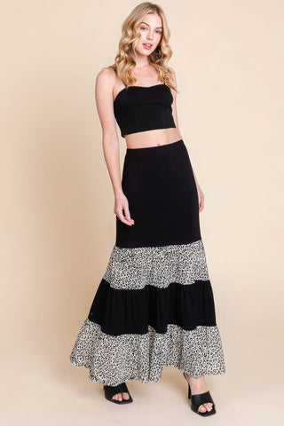 Long Tiered Contrast Fashion Skirt With Velvet Animal Print Mesh Look Up Deals