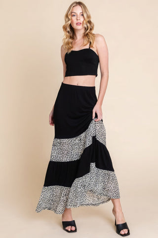 Long Tiered Contrast Fashion Skirt With Velvet Animal Print Mesh Look Up Deals