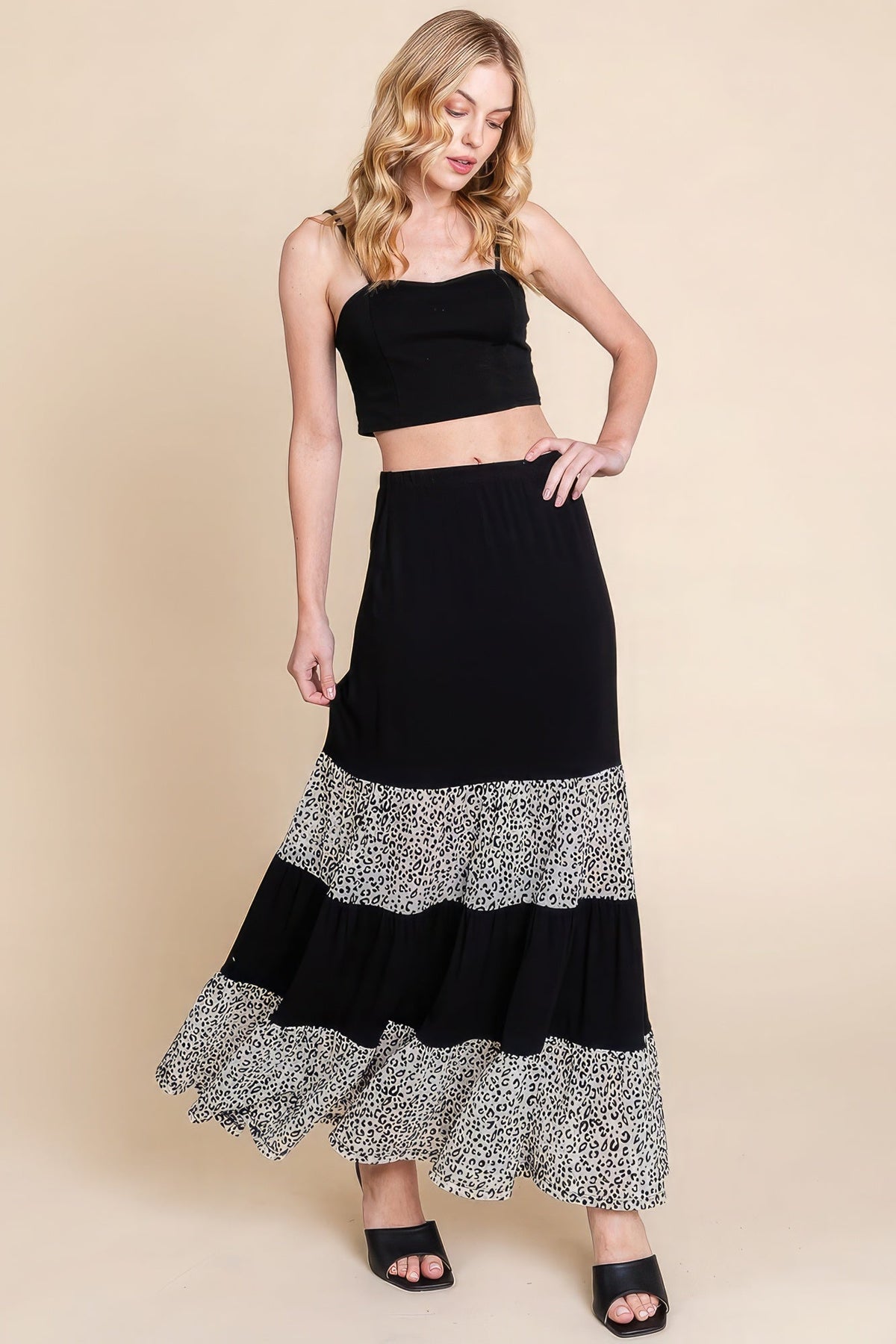 Long Tiered Contrast Fashion Skirt With Velvet Animal Print Mesh Look Up Deals