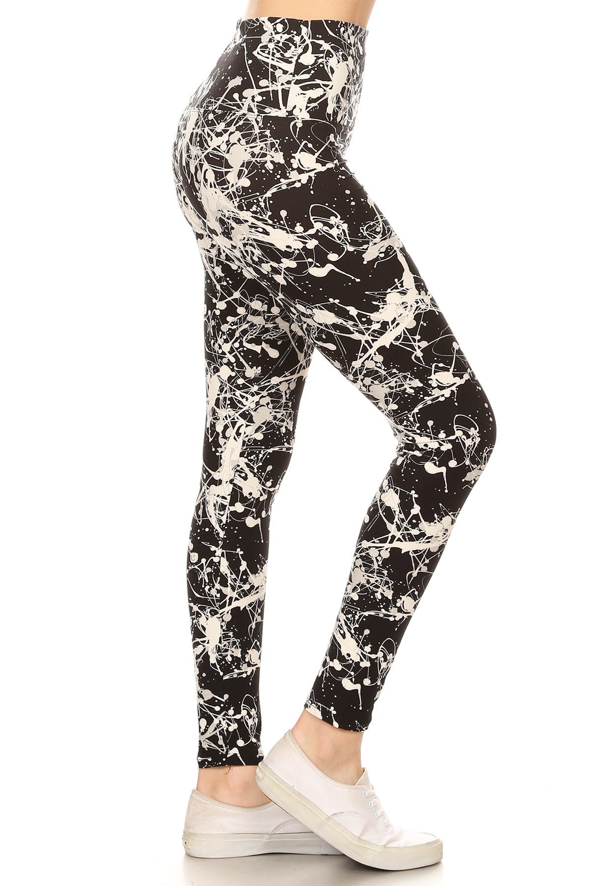 Long Yoga Style Banded Lined Paint Splatters Printed Knit Legging With High Waist Look Up Deals