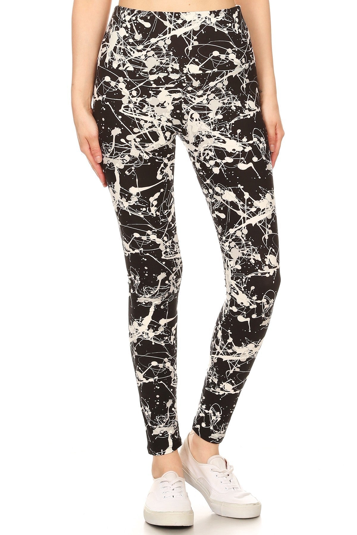 Long Yoga Style Banded Lined Paint Splatters Printed Knit Legging With High Waist Look Up Deals