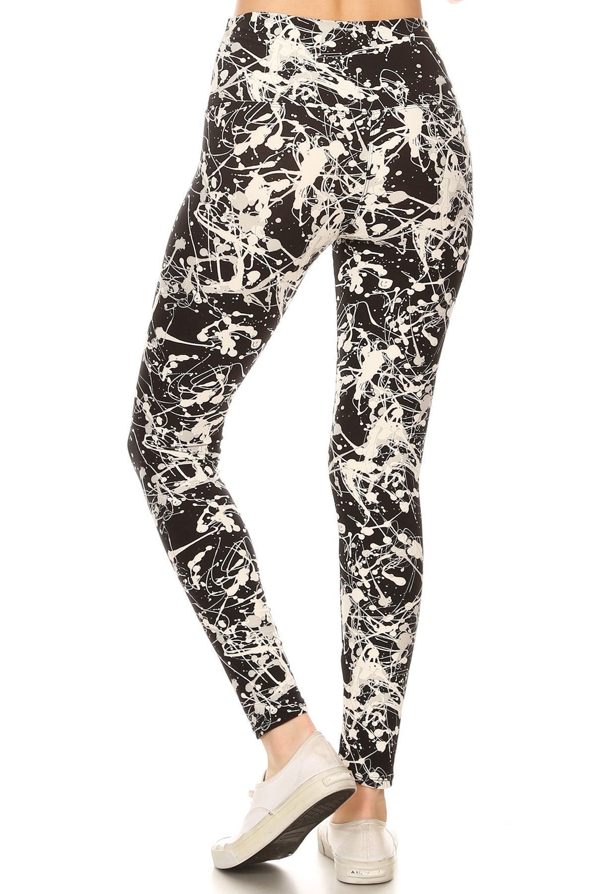 Long Yoga Style Banded Lined Paint Splatters Printed Knit Legging With High Waist Look Up Deals