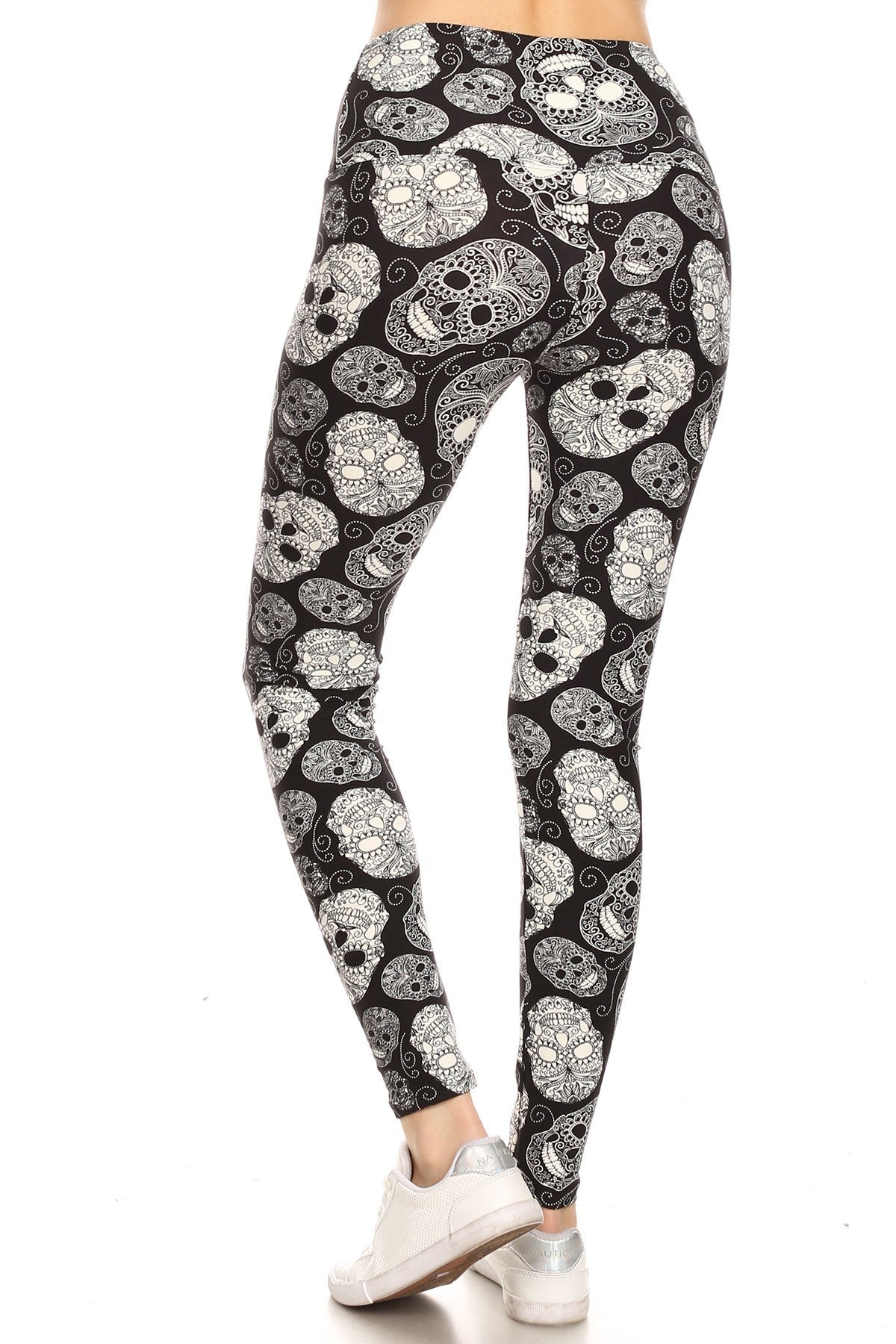 Long Yoga Style Banded Lined Skull Printed Knit Legging With High Waist Look Up Deals