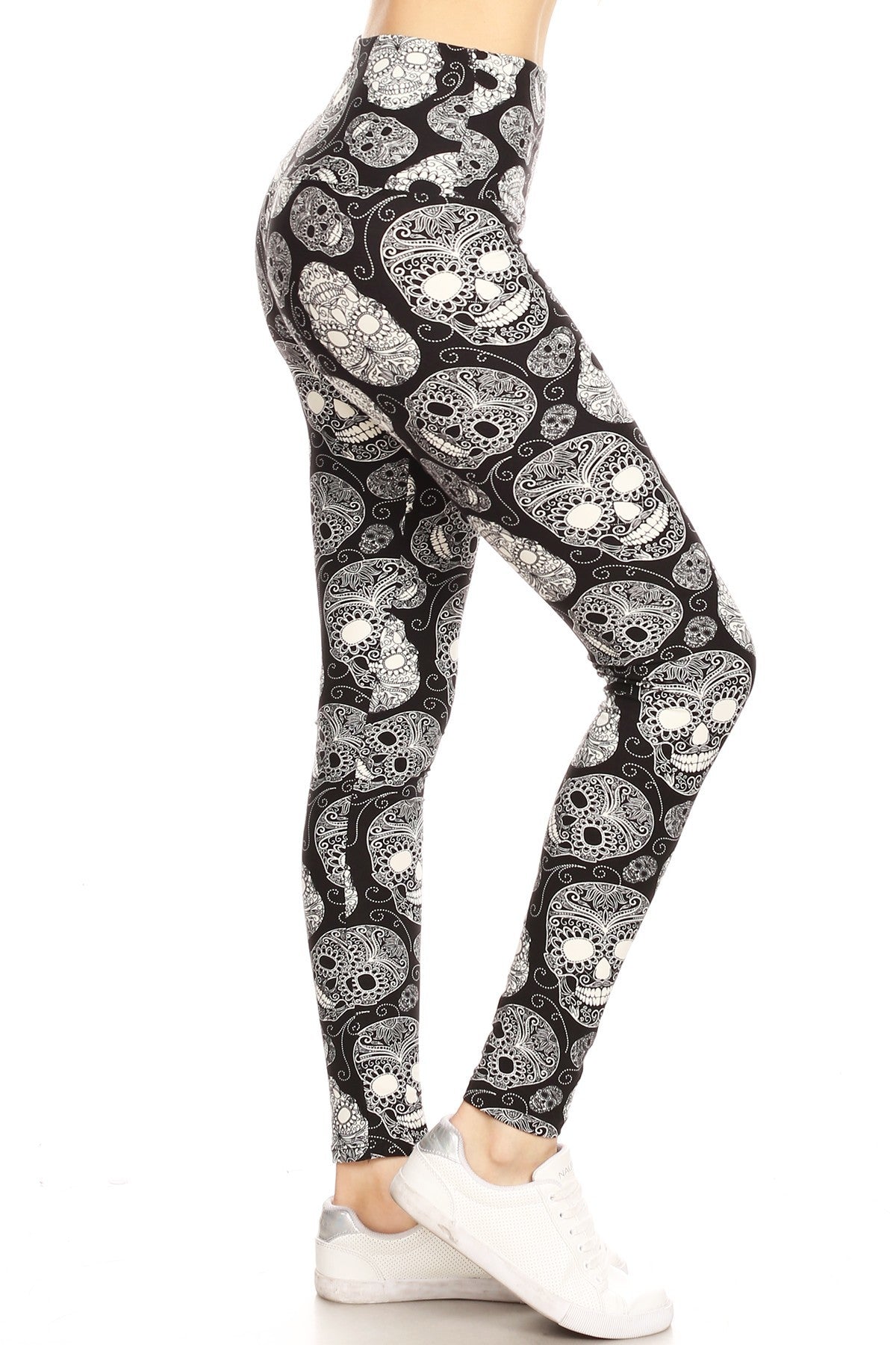 Long Yoga Style Banded Lined Skull Printed Knit Legging With High Waist Look Up Deals