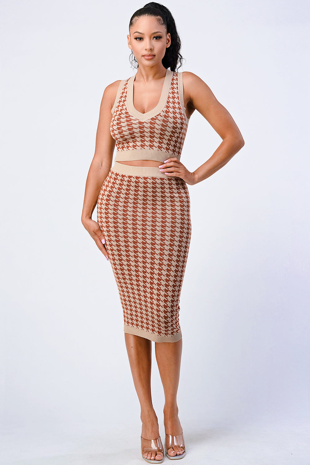 Luxe Gingham Rib Knit Top And Skirt Sets Look Up Deals