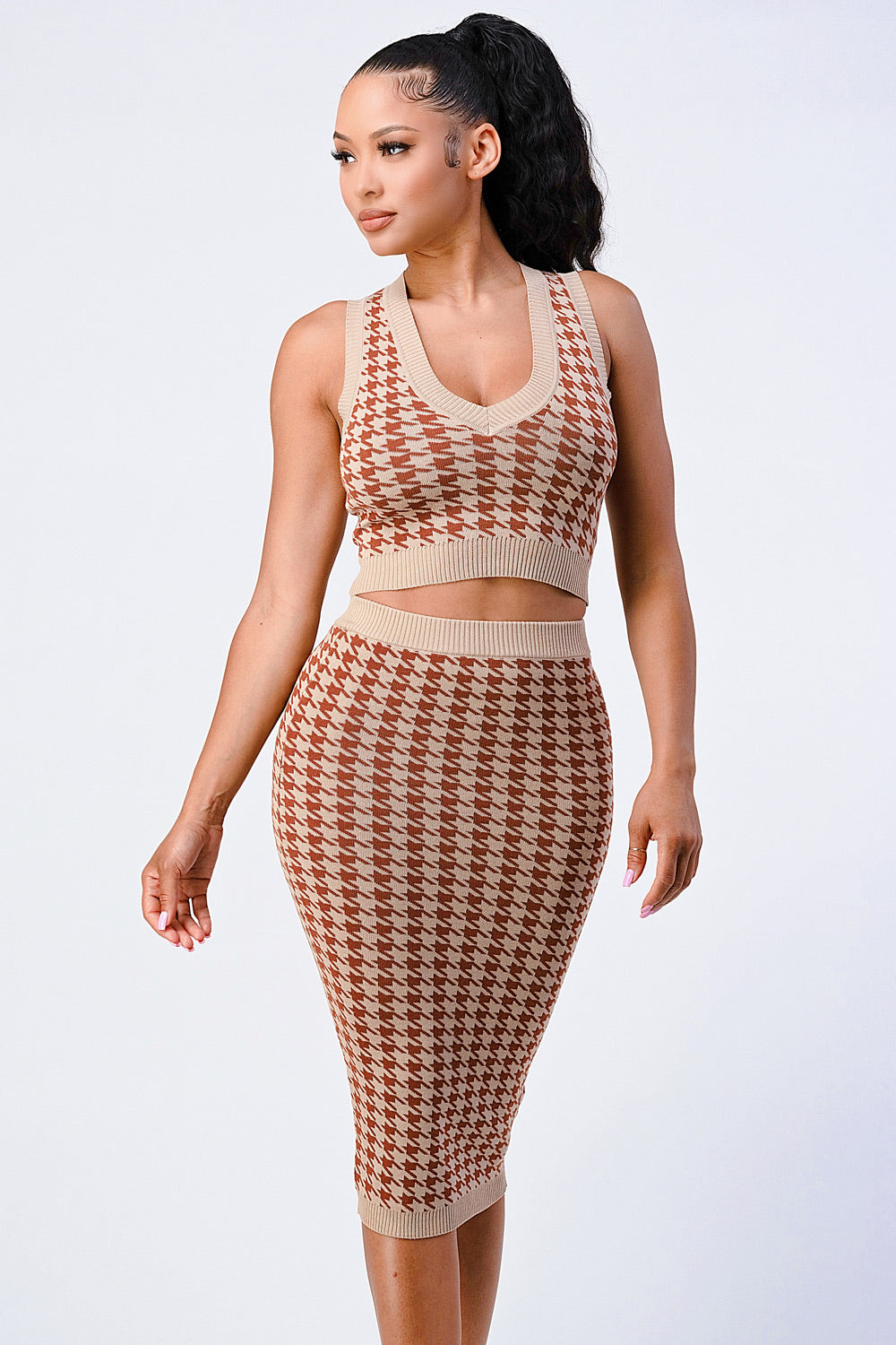 Luxe Gingham Rib Knit Top And Skirt Sets Look Up Deals