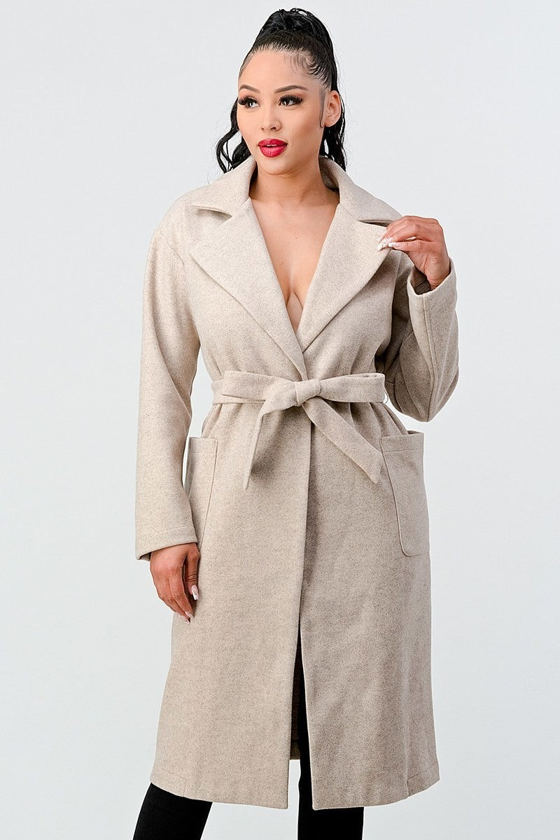 Luxe Wool Waist Tie Side Pockets Midi Length Coat Look Up Deals