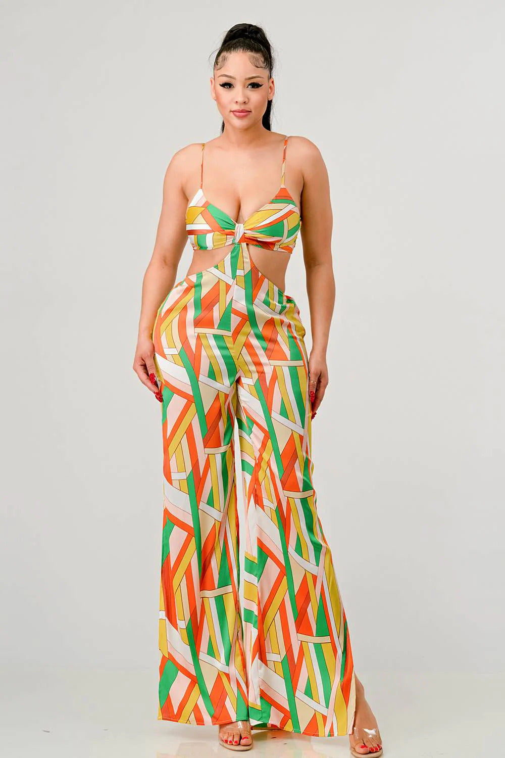 Luxe geo print satin bra top and palazzo jumpsuit Look Up Deals